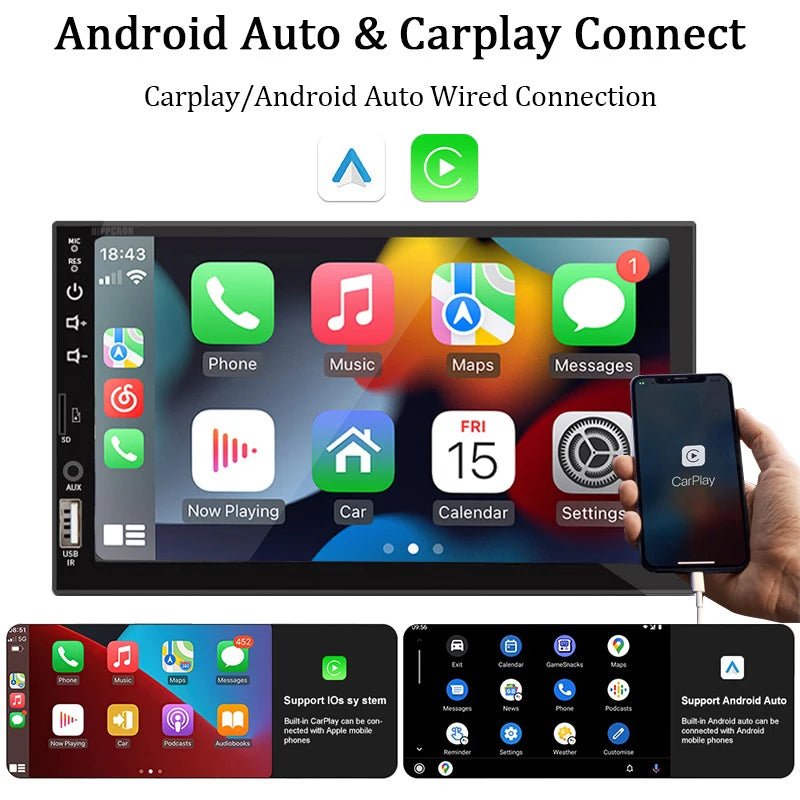 Multimídia 7 Polegadas (1 DIN)  Universal para Carro (Android Auto e Carplay)